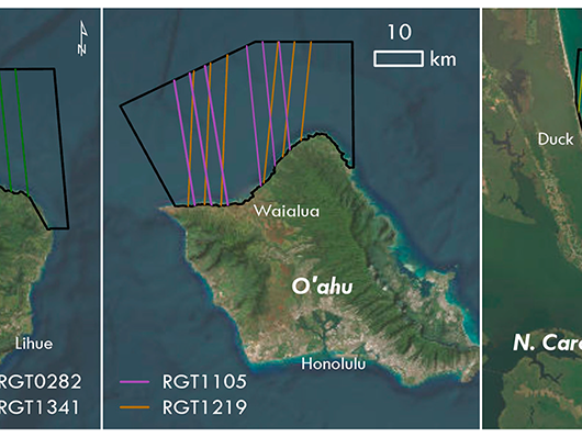 tudy areas showing areas of interest and ICESat-2 ground tracks.