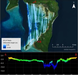 This true-color image of Kiriwina Island in in Papua New Guinea shows the 55 tracks of ATL24 bathymetry data (top) and the bathymetric elevation profile of the island's lagoon from Point A to Point B (bottom). Credit: Chris Parrish