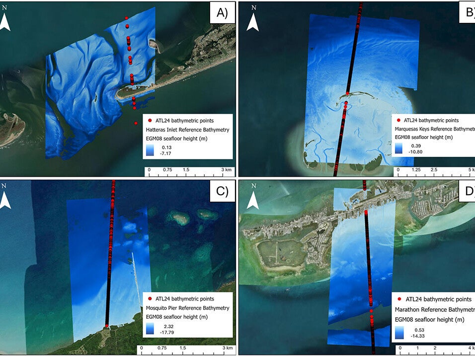 Four panel split images showing satellite images with lidar data.