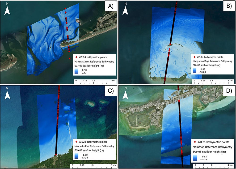 Four panel split images showing satellite images with lidar data.