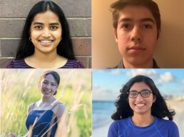 Four split panel image of SEES Alumni students Nikita Agrawal, David Backer Peral, Alexia Bravo, and Riya Tyagi.