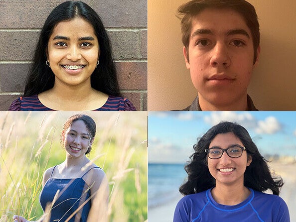 Four split panel image of SEES Alumni students Nikita Agrawal, David Backer Peral, Alexia Bravo, and Riya Tyagi.