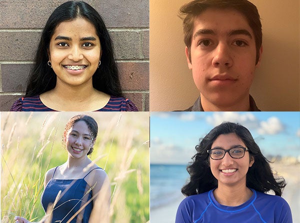 Four split panel image of SEES Alumni students Nikita Agrawal, David Backer Peral, Alexia Bravo, and Riya Tyagi.